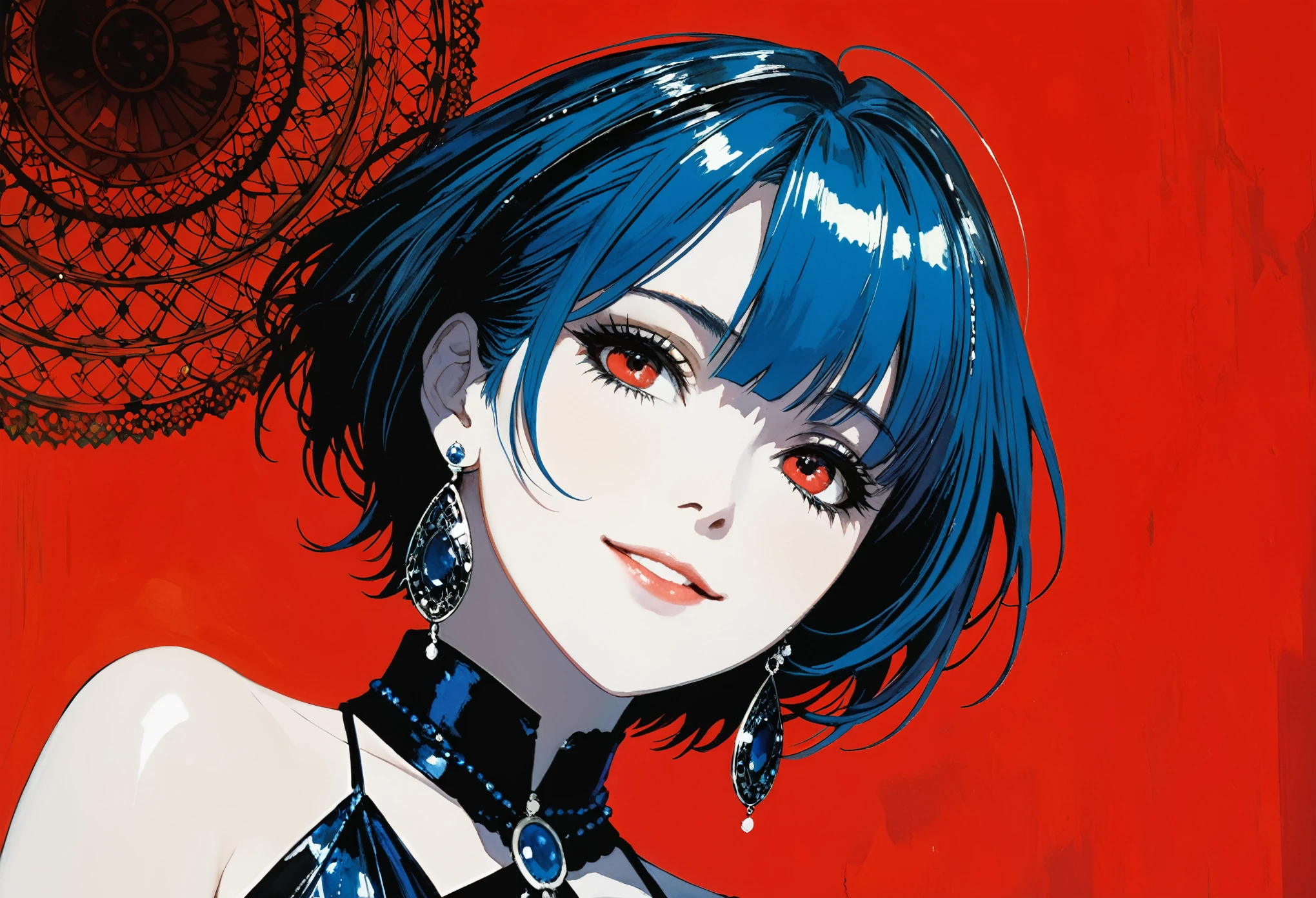 in style of Harry Clarke,(in style of Ashley Wood:1.1), 1 Girl,(90 degree tilt of neck,Face up:1.8), criss-cross_halter,Large red background,Asymmetrical composition,Showing off the new earrings on your earlobes,Smile,short blue bobcut hair, shinny Red eyes, (From below:1.3),Divine top light,arrange hair,