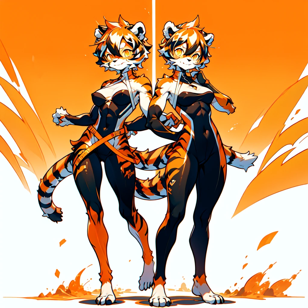white background, full body, ((furry female:1.2)), Standing, animal ears, white hair, black hair, short hair, large breasts, muscle, tail, orange eyes, orange hair, multicolored hair, tiger girl, hair between eyes, tiger_ears, tiger_tail, orange-tinted_eyewear, tinted_eyewear, big breasts, evil smile, Shadows under feet, Abdominal muscles, (((canonicals, outfit:1.2))), nsfw