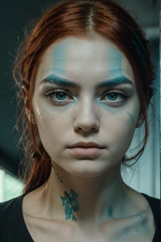 A girl with red hair, black eyebrows, thin face, eyes in a mixture of green and blue With a judging and serious look.