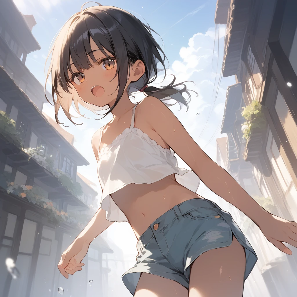 score_9, score_8_up, score_7_up, source_anime, best quality, masterpiece, official art, absurdres, highres, ultra-detailed,waifu2x,Collection: Slice of Life,break,1girl, tomboy, dark-skinned female, short hair, low ponytail, flat chest, beautiful detailed eyes, short shorts, sweat, open mouth, (yawn:0.3), sleepily, outdoors, wind,break,(clear line illustration:1.2), super detailed skin,very high resolution, very aesthetic, Best sexual lighting powered by famous artist, 8k,cute picture,beauty illustration,photoshop_(medium),,(Detailed Lighting),best anime 8k konachan wallpaper, pixiv contest winner, 