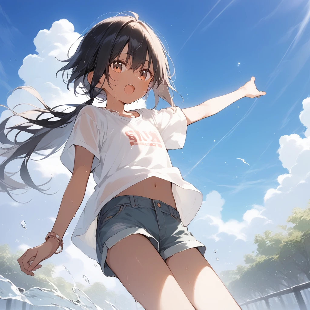 score_9, score_8_up, score_7_up, source_anime, best quality, masterpiece, official art, absurdres, highres, ultra-detailed,waifu2x,Collection: Slice of Life,break,1girl, tomboy, dark-skinned female, short hair, low ponytail, flat chest, beautiful detailed eyes, short shorts, sweat, open mouth, (yawn:0.3), sleepily, outdoors, wind,break,(clear line illustration:1.2), super detailed skin,very high resolution, very aesthetic, Best sexual lighting powered by famous artist, 8k,cute picture,beauty illustration,photoshop_(medium),,(Detailed Lighting),best anime 8k konachan wallpaper, pixiv contest winner, 