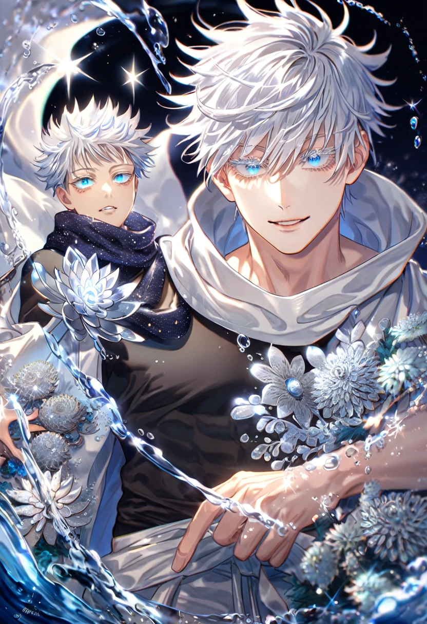 absurdres, highres, ultra detailed, HDR, master piece, best quality, extremely detailed, Gojou Satoru, white hair, expressive blue eyes, white eyelashes, Jujutsu Kaisen, solo, sexy man, handsome, smile, white haori, black scarf, black tight T-shirt, white baggy pants, fantasy, water, sparkling, silver glittering fireflies, silver moon, silver blossoms, silver chrysanthemums, silver sparkling lights, starry sky, magical