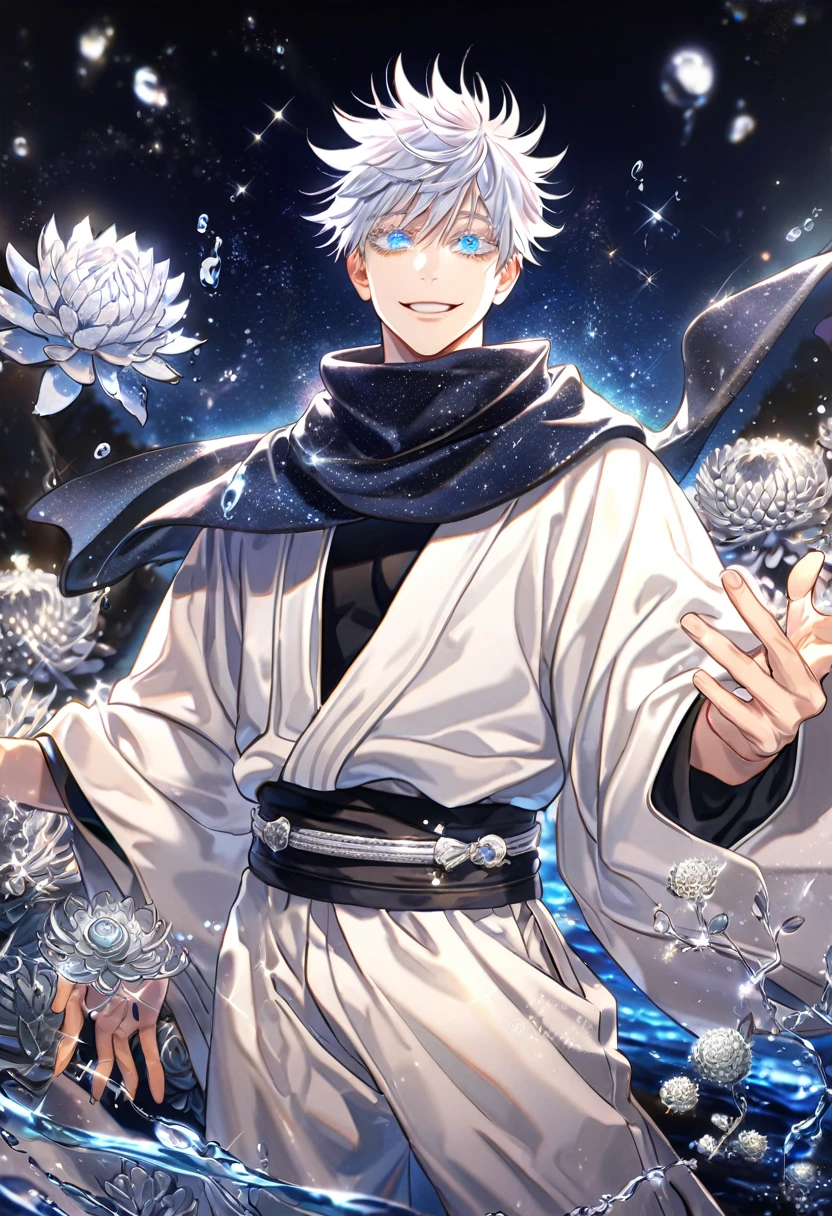 absurdres, highres, ultra detailed, HDR, master piece, best quality, extremely detailed, Gojou Satoru, white hair, expressive blue eyes, white eyelashes, Jujutsu Kaisen, solo, sexy man, handsome, smile, white haori, black scarf, black tight T-shirt, white baggy pants, fantasy, water, sparkling, silver glittering fireflies, silver moon, silver blossoms, silver chrysanthemums, silver sparkling lights, starry sky, magical