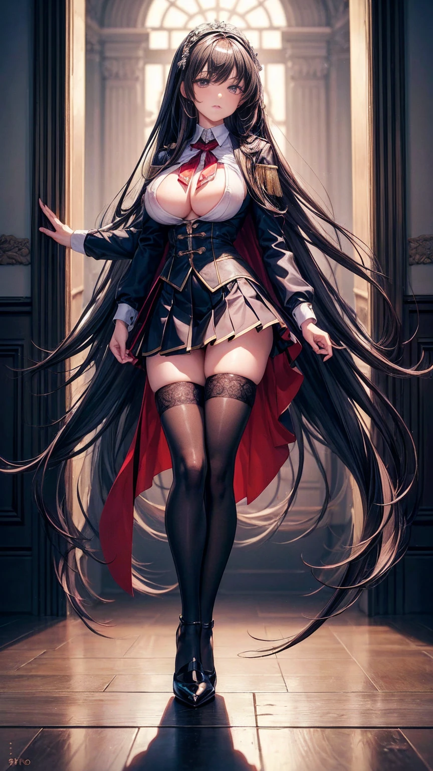 (masterpiece, top quality, best quality, official art, beautiful and aesthetic:1.0), (8k, best quality, masterpiece:1.2), very long hair,(full body:1.3), (large breasts:1.4), very long hair, high heels, black thighhighs, micro skirt, random hair, tall girl, school girl uniform ,