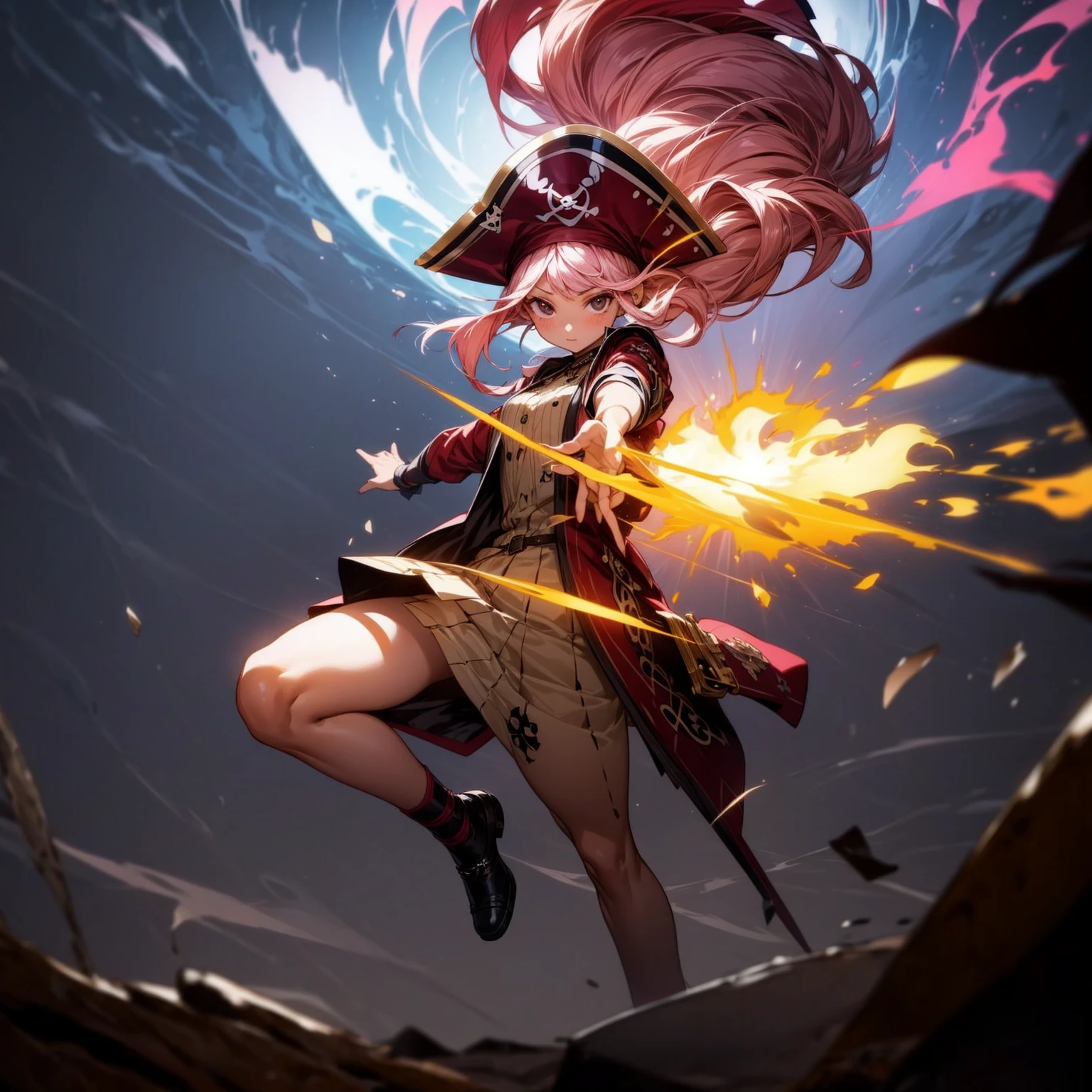 1girl, Full body version, 1character, girl version, black eyes, long Curly haircut, pink colour hair, ancient pirate style clothing, red colour clothing, Grassroots, background in the ship, motion blur, (pokemon style), standing gesture, pirate hat, motion blur, plasma effect, lighting revolver, fire revolver, fire, smoke revolver, smoke effect, aura effect, lighting, high angle view