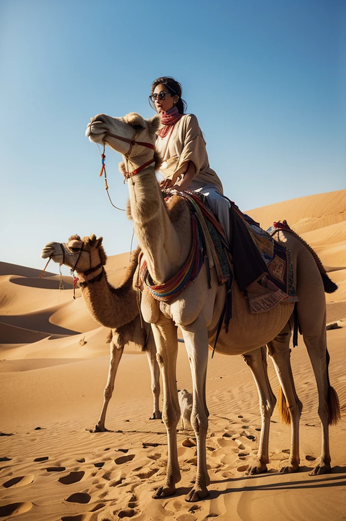 ultra realistic, in Dubai, in the dessert of Dubai, Dubai skyscrapers in the background, ridding a camel, fit, athletic, medium to large boobs, full body, photo, 8k, realistic, 21-year-old female, bright, muted colors, high detail, extremally detailed, big boobs, beautiful black hair, confident, sexy, in classy black dress, sexy outfit, Abs, attractive, HDR camera