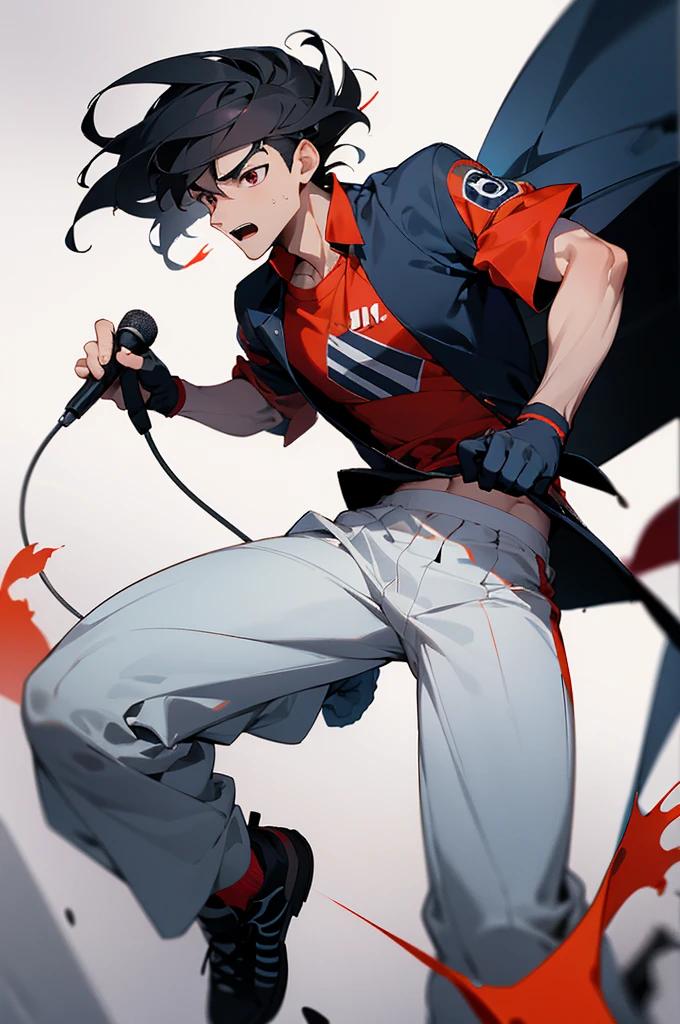 (best qualityer)4k resolution make a black shadow adult man with black hair back with a microphone and with the cap on the left side holding a microphone with the Flamengo shirt with normal pants ripped at the knee with a purple blouse inside and with torn gloves and with sneakers and cartoon-style red eyes