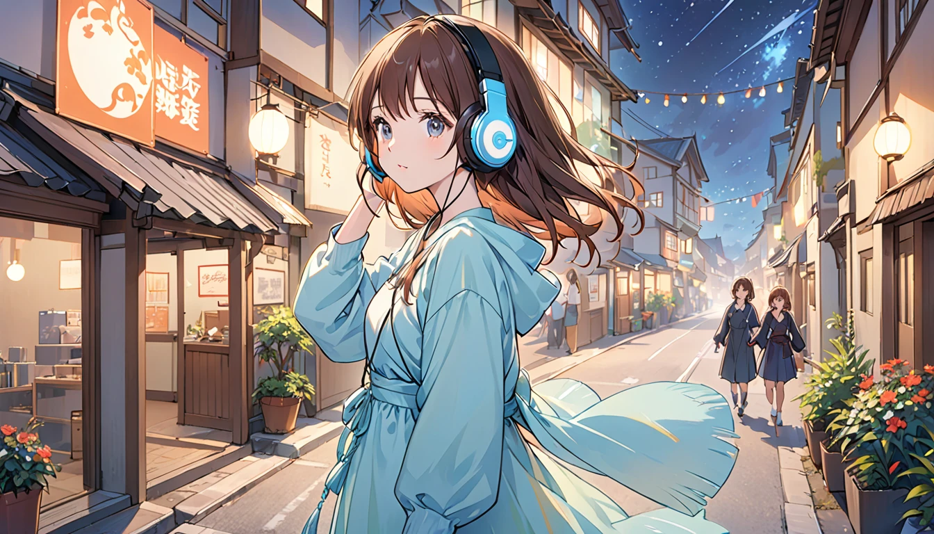 Girl wearing headphones,Brown Hair,1 person,bright,「Quiet night breeze」,In town
