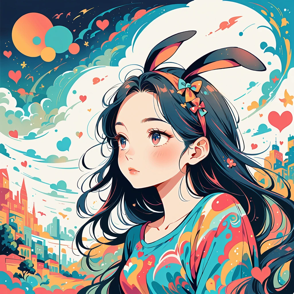 Simple line initials，Abstract art，Urban Background, Colorful Hearts ,(((The most beautiful girl of all time))), poster,Jim Mahfood,Ellen Jewett, hyper detailed, high contrast,masterpiece, white background、Simple line initials，Abstract art，Urban Background, Colorful Hearts ,(((The most beautiful girl of all time))), Cute Grim Reaper Character、Beautiful illustrations, Highest quality, Cute Grim Reaper、Bedroom, pastel colour, Fluffy bunny ears, , Silver long hair,