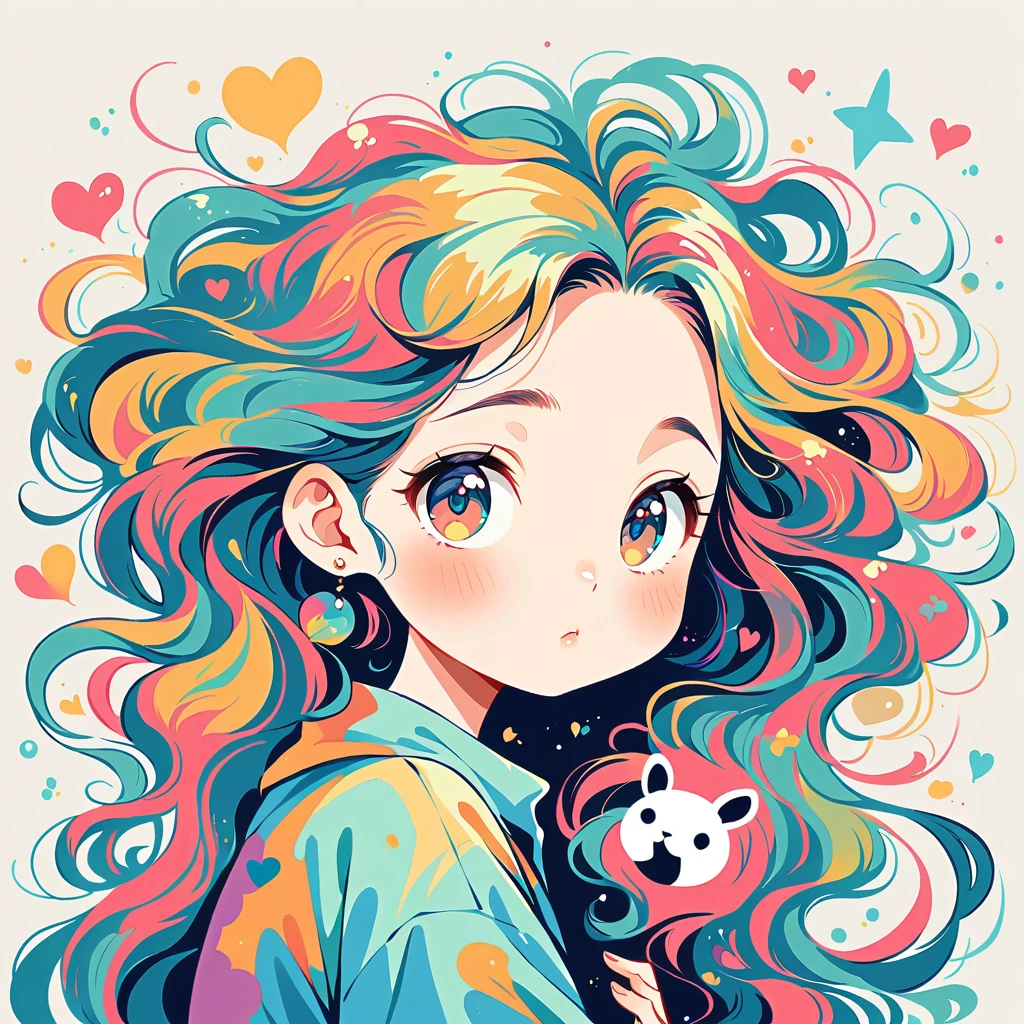 Simple line initials,Abstract art,Urban Background, Colorful Hearts ,(((The most beautiful girl of all time))), poster,Jim Mahfood,Ellen Jewett, hyper detailed, high contrast,masterpiece, white background、Simple line initials,Abstract art,Urban Background, Colorful Hearts ,(((The most beautiful girl of all time))), Cute Grim Reaper Character、Beautiful illustrations, Highest quality, Cute Grim Reaper、Bedroom, pastel colour, Fluffy bunny ears, , Silver long hair,