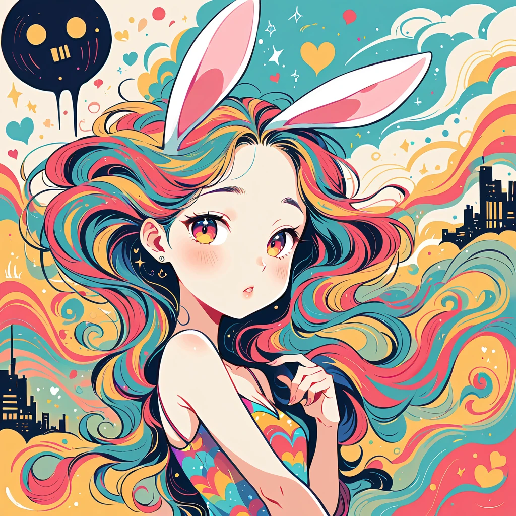 Simple line initials，Abstract art，Urban Background, Colorful Hearts ,(((The most beautiful girl of all time))), poster,Jim Mahfood,Ellen Jewett, hyper detailed, high contrast,masterpiece, white background、Simple line initials，Abstract art，Urban Background, Colorful Hearts ,(((The most beautiful girl of all time))), Cute Grim Reaper Character、Beautiful illustrations, Highest quality, Cute Grim Reaper、Bedroom, pastel colour, Fluffy bunny ears, , Silver long hair,