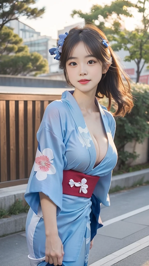 (8K、RAWphotograph、Highest quality、masterpiece:1.2),Looking at the audience,Viewed from the front,((Sexy pose, strong,erotic, high school girl))、White skin,knees,Absurd,Small face,前hairを真ん中から分けます、The forehead is visible,((Be embarrassed:1.2)),Squint your eyes,Glare,strong,skinny,Irritated, Ultra-high resolution,One person, One personで,Close-up shot、cute、Return to Student,(A clean blue-based floral yukata:1.5),high school girl,、Japanese women,Are standing,(Photorealistic:1.37)、Photon Mapping,Realistic、cuteSmall face,Brown eyes、prospect、Written boundary depth、Blurred Background、photograph,girl、(前hairが見える), hair, Beautiful thin thighs, kneesが見える, Light clothing, thigh, Nogizaka idol, actress、Big and ample breasts、Cleavage、Alluring cleavage、Super quality、Low people、(透き通ったWhite skin. Skin with visible pores:1.2)、(Focus on the face)、Check and correct the garment construction, (Perfect Anatomy:1.3), (Detailed eyes and face:1.2, Professional photography techniques)