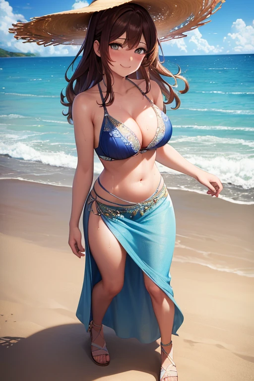 ((masterpiece, best quality, ultra-detailed)), highres, beautiful woman looking at viewer, smiling, blush, sweat, blue bra, midriff, blue maxi skirt, long tight maxi pencil skirt, sandals, sun hat, full body, wavy brown hair, summer, walking along the beach, ocean