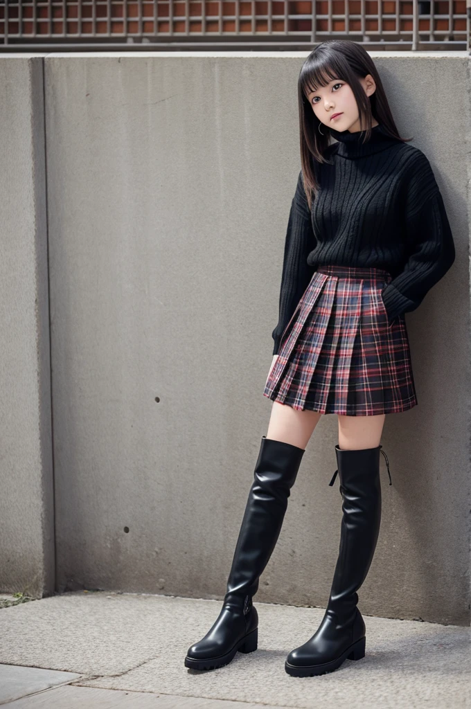 15 years old Japanese girl Check Pleated Skirt Black tartan neck sweater Knee-high boots