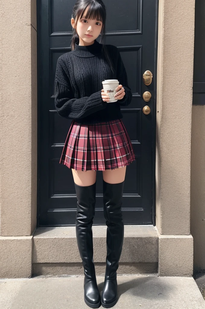 15 years old Japanese girl Check Pleated Skirt Black tartan neck sweater Knee-high boots
