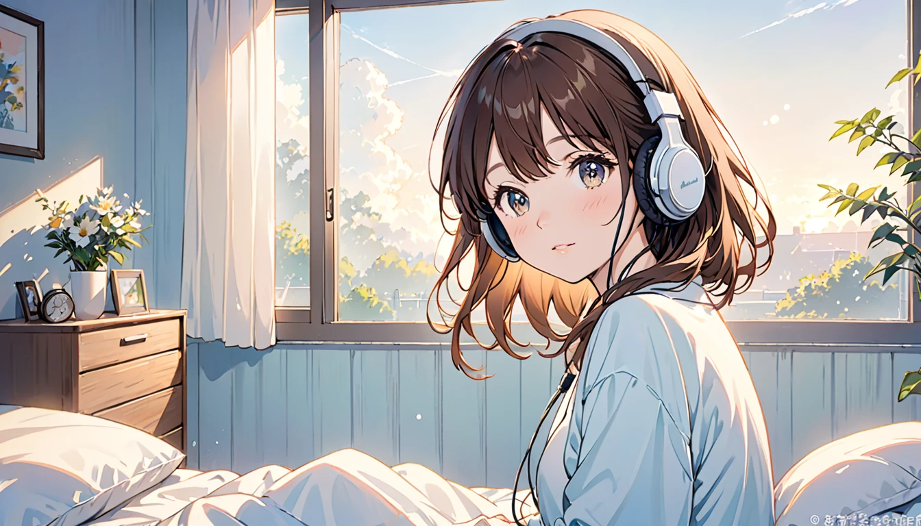 Girl wearing headphones,Brown Hair,1 person,bright,「Gentle morning light」,Bedroom