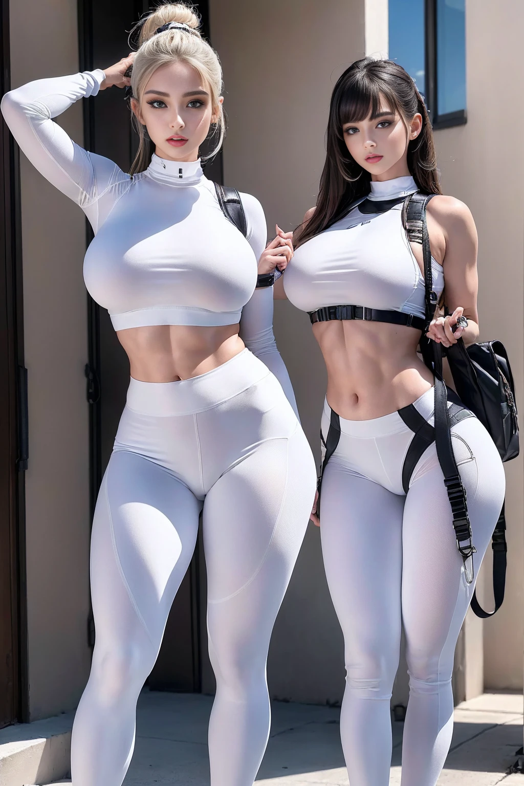 (Highest image quality, Outstanding details, Ultra-high resolution), 1 girl, put((A futuristic military look inspired by white yoga pants, Military wiring harness, Military Equipment,For example, military bag,)), (Glamorous characters, Curvy body, Fitness, Tight abs), background(At military bases), (Dynamic poses)
