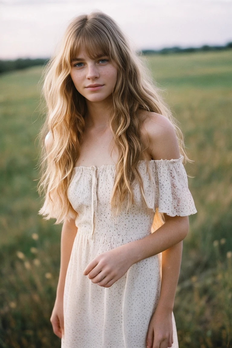 realistic photo of a , beautiful face, cute appearance, long wavy blonde hair with bangs, freckles, in an off-shoulder dress, standing in plains relaxed expression, brimming with emotion, interplay of contrast along with detailed light and shadow, depth of field, dark atmosphere with candlelight scenario, lingerie