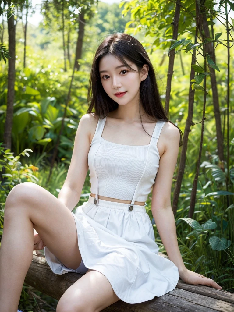 A beautiful and cute girl, full body photo, extremely beautiful and delicate, black hair, sweet smile, delicate beautiful fair skin, realistic and realistic, exquisite and complete facial features, detailed facial portrayal, high nose bridge, flowing smooth hair, extremely delicate hair, soft temperament, face light, tall, thin, real, hyper-real, full-body lens, forward tilt angle, ultimate picture quality, highest precision, accurate and perfect human body structure. Blue sky and white clouds, sitting in the woods, blue sky and white clouds, sunlight, (suspenders, long skirts) panties are clearly visible