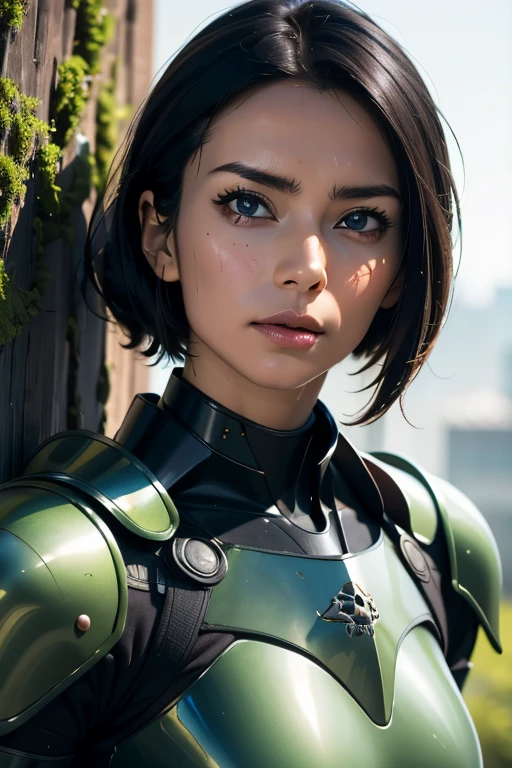 8k,Realistic skin texture、Superrealism、Realistic photos、Near future軍所属の日系女性パイロットが大型ロボットの腹部に設置されたコックピットに乗っている、Damaged moss green combat armored robot、Skull mark on armor、Near future、Unit Paint and Identification Number、Peeling paint、oil stains、Detailed Description、Dynamic pose、Armored Core