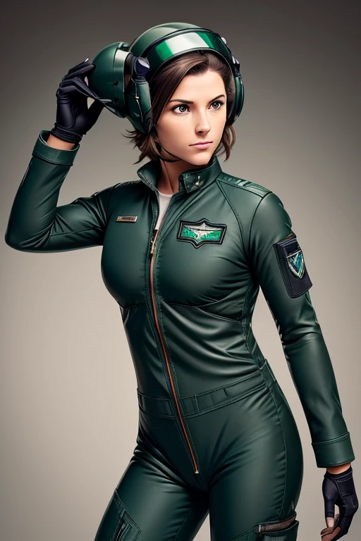 Perfect Anatomy　Highest quality,Highest Resolution,(((Dark green pilot suit　Helmet)))　woman　Fighter Pilot　Fighter　athletic　Brown Hair　short