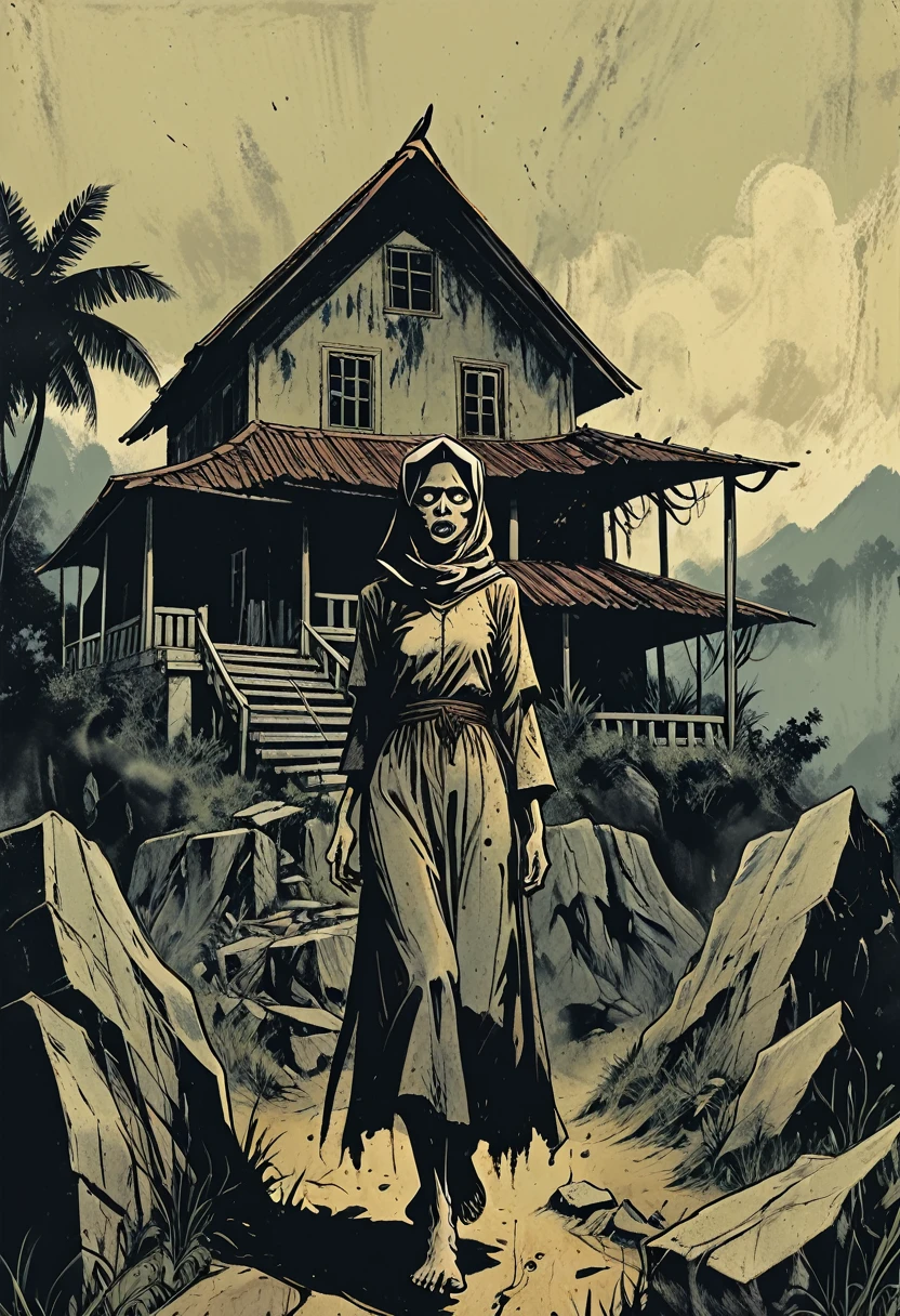 a cover of graphic novel illustration style. Titled "BERCAKAP DENGAN JIN" a woman zombie hand coming out from the terrain in a muslim graveyard. Can see a traditional Malay village house in distance. background of tropical forest and a mountain.