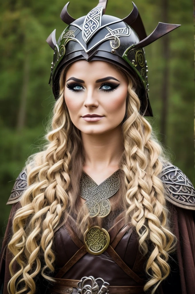 woman with celtic makeup, with Viking helmet and clothing for the cold