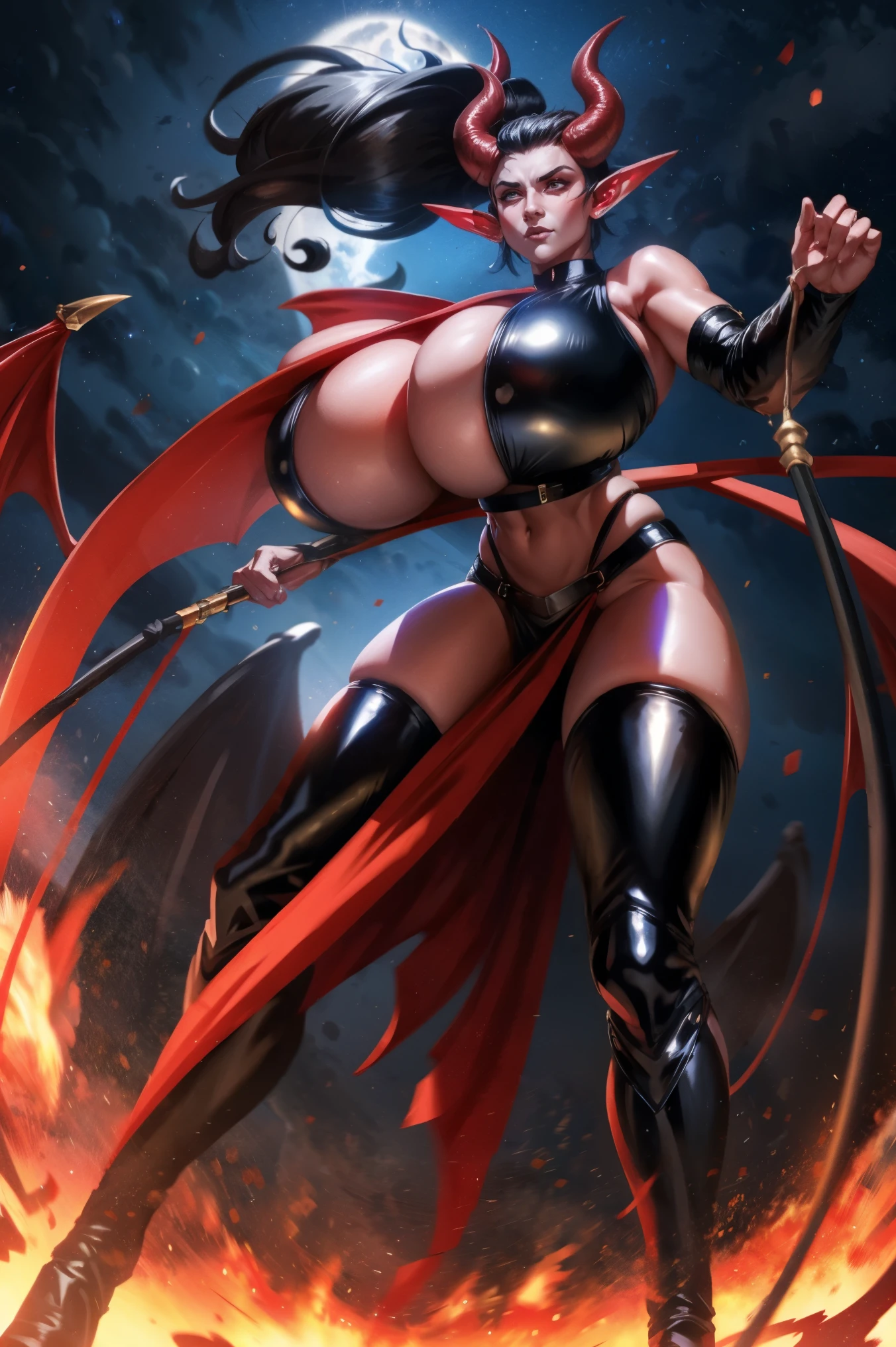 Red skin succubus tiefling, digitigrade legs, full breasts, huge breasts, black horns, wings, huge tail, black leather, crop top, long flowing pelvic curtain, tall, athletic, graceful, thin, long black ponytail. Action scene, whip. Dark scene, explosions, night sky.