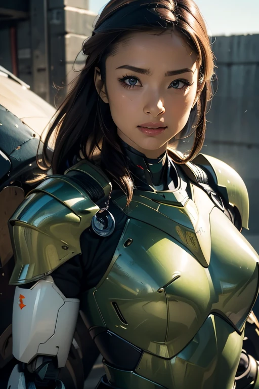 8k,Realistic skin texture、Superrealism、Realistic photos、Near future軍所属の日系女性パイロットが大型ロボットの腹部に設置されたコックピットに乗っている、Damaged moss green combat armored robot、Skull mark on armor、Near future、Unit Paint and Identification Number、Peeling paint、oil stains、Detailed Description、Dynamic pose、Armored Core