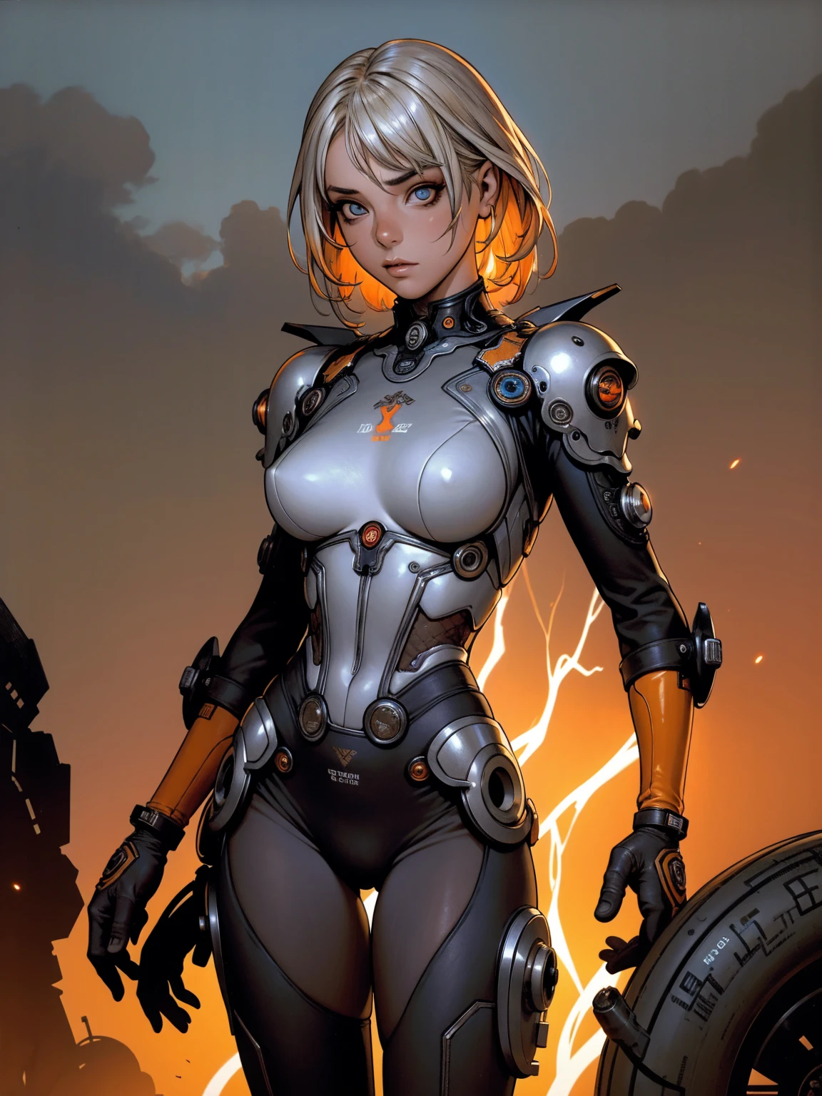 A highly detailed and realistic skull girl,( eyeballs. Taylor Alegria) cyberpunk character, furious mad max, one-handed robot, Cyborg arm, hair orange, dramatic metal heavy rock theme, best qualityer, 8K, hyper realist, photorrealistic, extremely detailed painting, studio lighting, bright coloured, dark and moody atmosphere, cinematic, dramatic pose, intricate mechanical details, glowing energy effects, intense sandy textures, Seamless integration of organic and inorganic elements. Wearing the used clothes of a deserter. fund: An apocalyptic desert. Dusty and depressing.