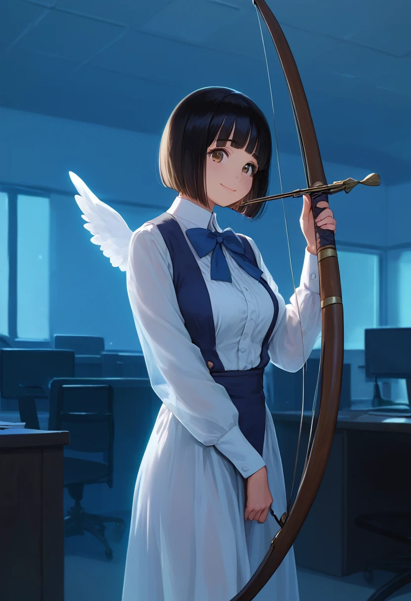 score_9,score_8_up,score_7_up,masterpiece,best quality, source anime, realistic, super detailed, extreme detailed, rating_safe,
1girl, standing, yumi \(weapon\), holding bow \(weapon\), drawing yumi, archery, Aiming with a bow at the target,
BREAK girl, 22yo, short hair, bob cut, (blunt bangs), black hair, (tareme, detailed cute brown eyes), curled eyelashes, (large breasts:0.9),
shiny hair, beautiful detailed eyes, beautiful face,
slender, small ass, slim legs,
white long dress, (see through:1.1), angel smile, entire body is luminescent blue-white, office, night, huge picture frame,