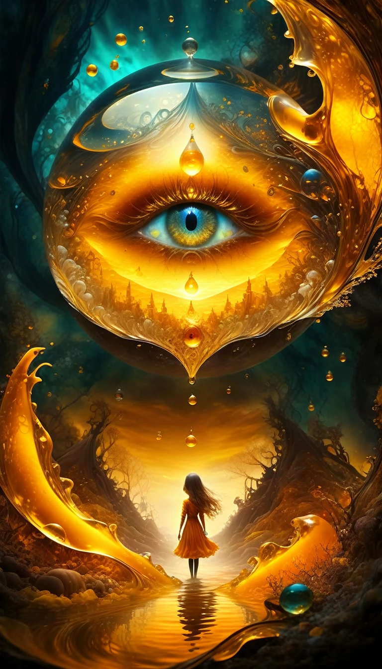 fracolor  In the depths of the amber, a dark and mysterious world unfolds, where a surreal girl with eyes of liquid gold wanders, lost in the amber's enigmatic dreamscape 