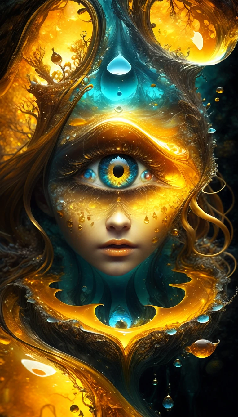 fracolor In the depths of the amber, a dark and mysterious world unfolds, where a surreal girl with eyes of liquid gold wanders, lost in the amber's enigmatic dreamscape
