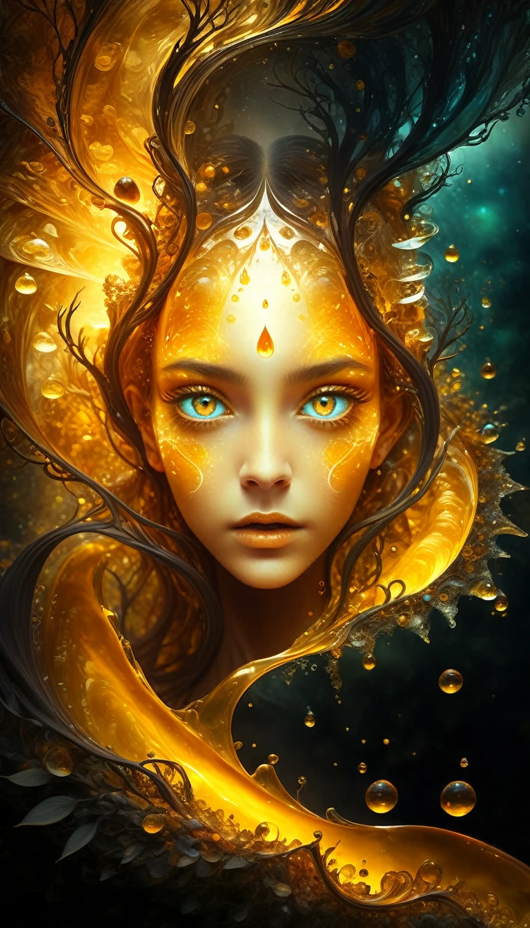 fracolor  In the depths of the amber, a dark and mysterious world unfolds, where a surreal girl with eyes of liquid gold wanders, lost in the amber's enigmatic dreamscape 