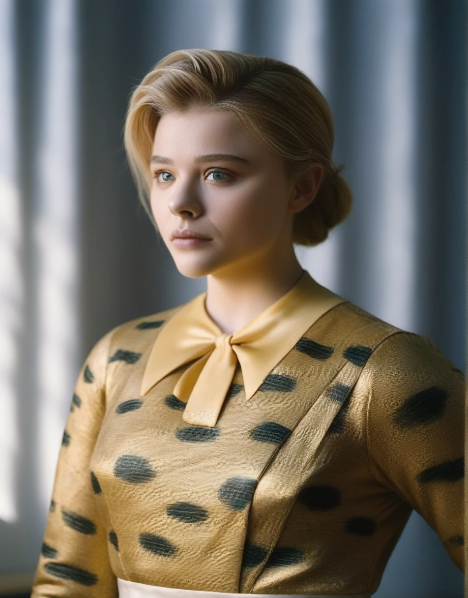 ChloeGraceMoretz, (art by Grandma Moses:1.1) , portrait,close up of a Ceramic Golden Age Woman Standing in a College, Extraordinary Trendy hair, specular lighting, F/2.8, Agfacolor,  