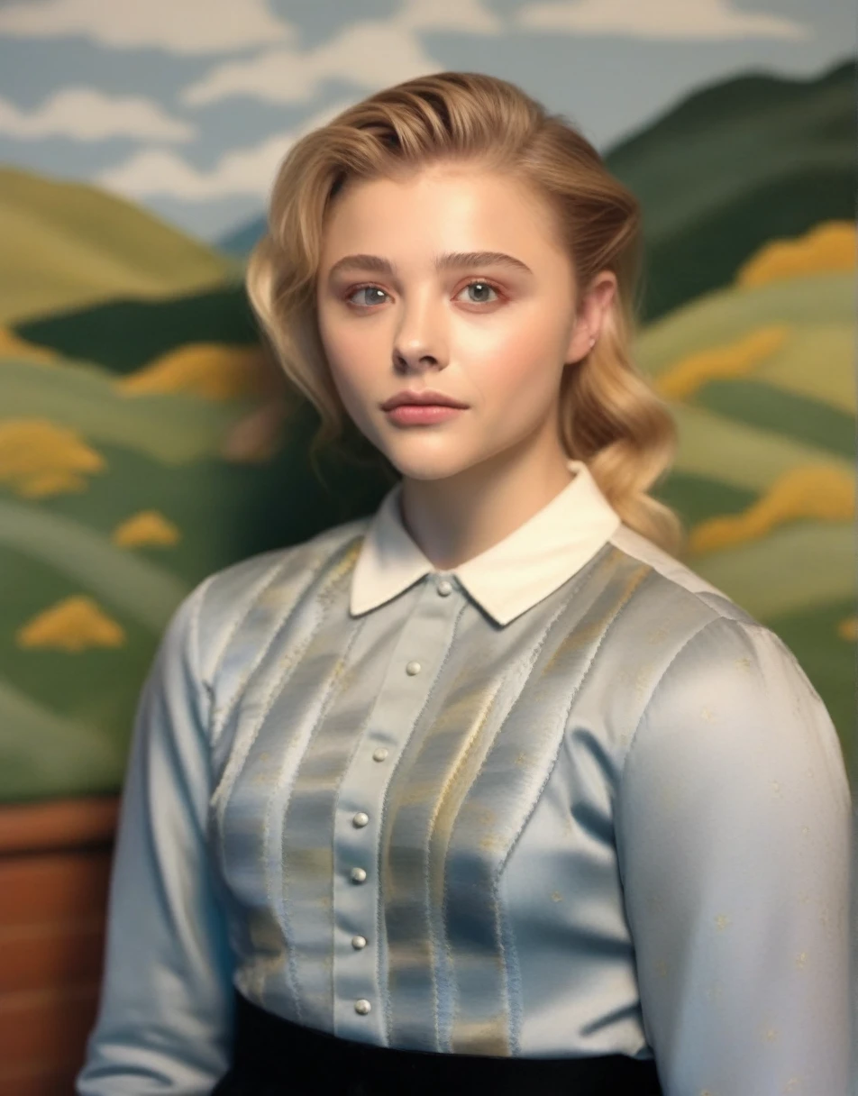 ChloeGraceMoretz, (art by Grandma Moses:1.1) , portrait,close up of a Ceramic Golden Age Woman Standing in a College, Extraordinary Trendy hair, specular lighting, F/2.8, Agfacolor,  