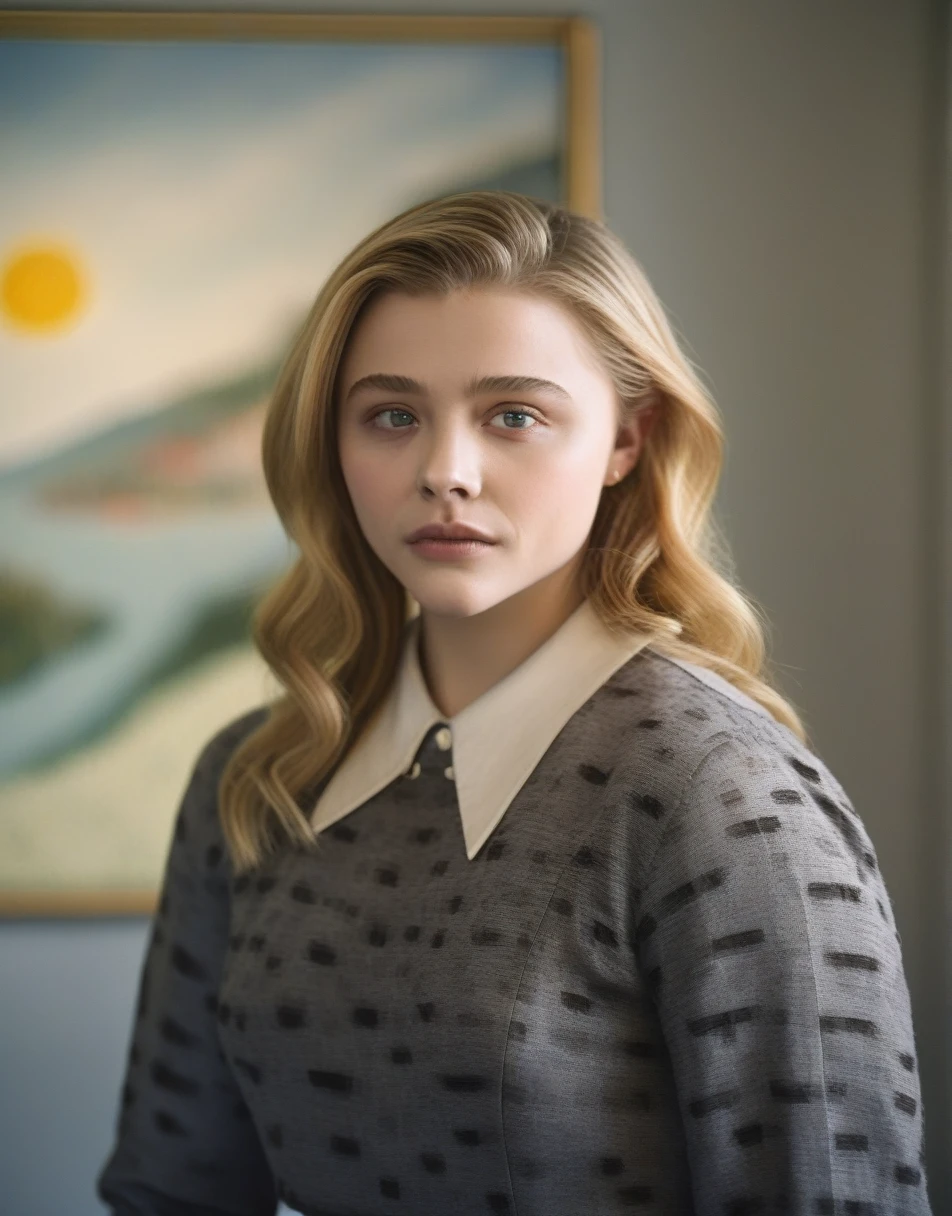 ChloeGraceMoretz, (art by Grandma Moses:1.1) , portrait,close up of a Ceramic Golden Age Woman Standing in a College, Extraordinary Trendy hair, specular lighting, F/2.8, Agfacolor,  