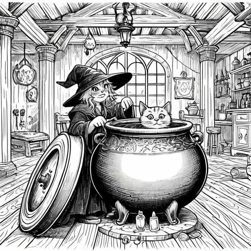 Witch and cat in a cauldron、And a cat sitting on the floor, Put a spell on the potion, Cat Witch, she is in the potions workshop, Make potions in the witch&#39;s hut, In the portion shop, Highly detailed illustration, Cat makes soup, Making medicines, Wizard casting a spell, Full page illustration, Macbeth illustration, Highly detailed ink illustrations