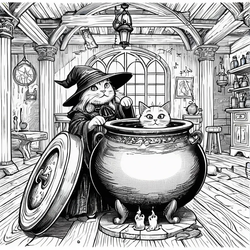 Witch and cat in a cauldron、And a cat sitting on the floor, Put a spell on the potion, Cat Witch, she is in the potions workshop, Make potions in the witch&#39;s hut, In the portion shop, Highly detailed illustration, Cat makes soup, Making medicines, Wizard casting a spell, Full page illustration, Macbeth illustration, Highly detailed ink illustrations