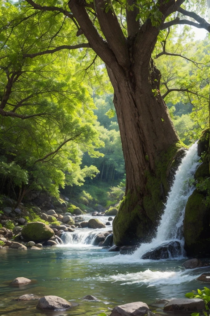 A tree by running water with healthy leaves and delicious fruits
