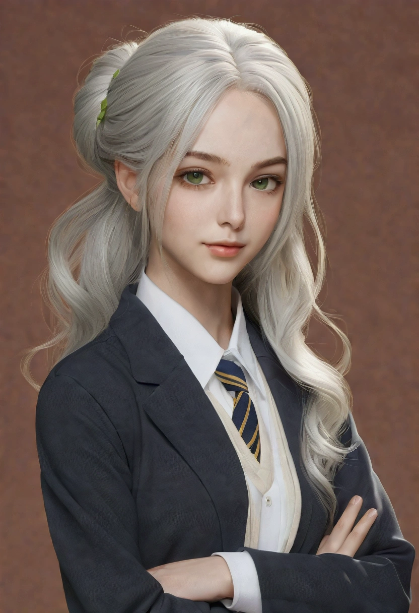 Tia shows herself with a quite slender figure.. she has grayish white hair , She has short hair and big pale green eyes., detailed face , high face , ,(Masterpiece, of the highest quality), (high resolution, details),
cheered up, line art:1.5, Flat shading,

Alone: 1.2, female,(detailed face:1.2),(detailed hair:1.2),
(school uniform: 1.5), Baggy socks,
(by the rebel, voluminous hair),
(Beautiful thighs: 1.0),
., exposed cleavage, medium breasts, Superior quality, many details, Puri Focus Sharp and realistic