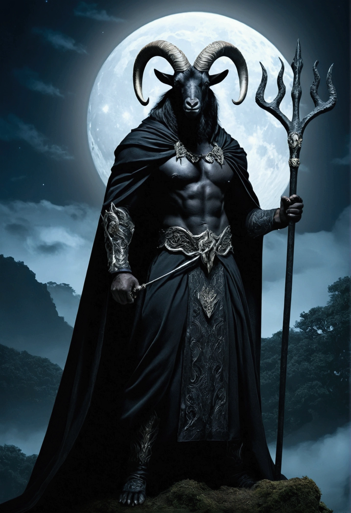 create an image of a strong and imposing man, wear a dark cloak and protect a trident. He must be accompanied by a black goat, both set in a nighttime landscape with a bright full moon in the background. Add mystical details like dark trees and lit candles, creating an enigmatic and otherworldly atmosphere. The figure must convey power and mystery, with an intense expression and a confident posture.