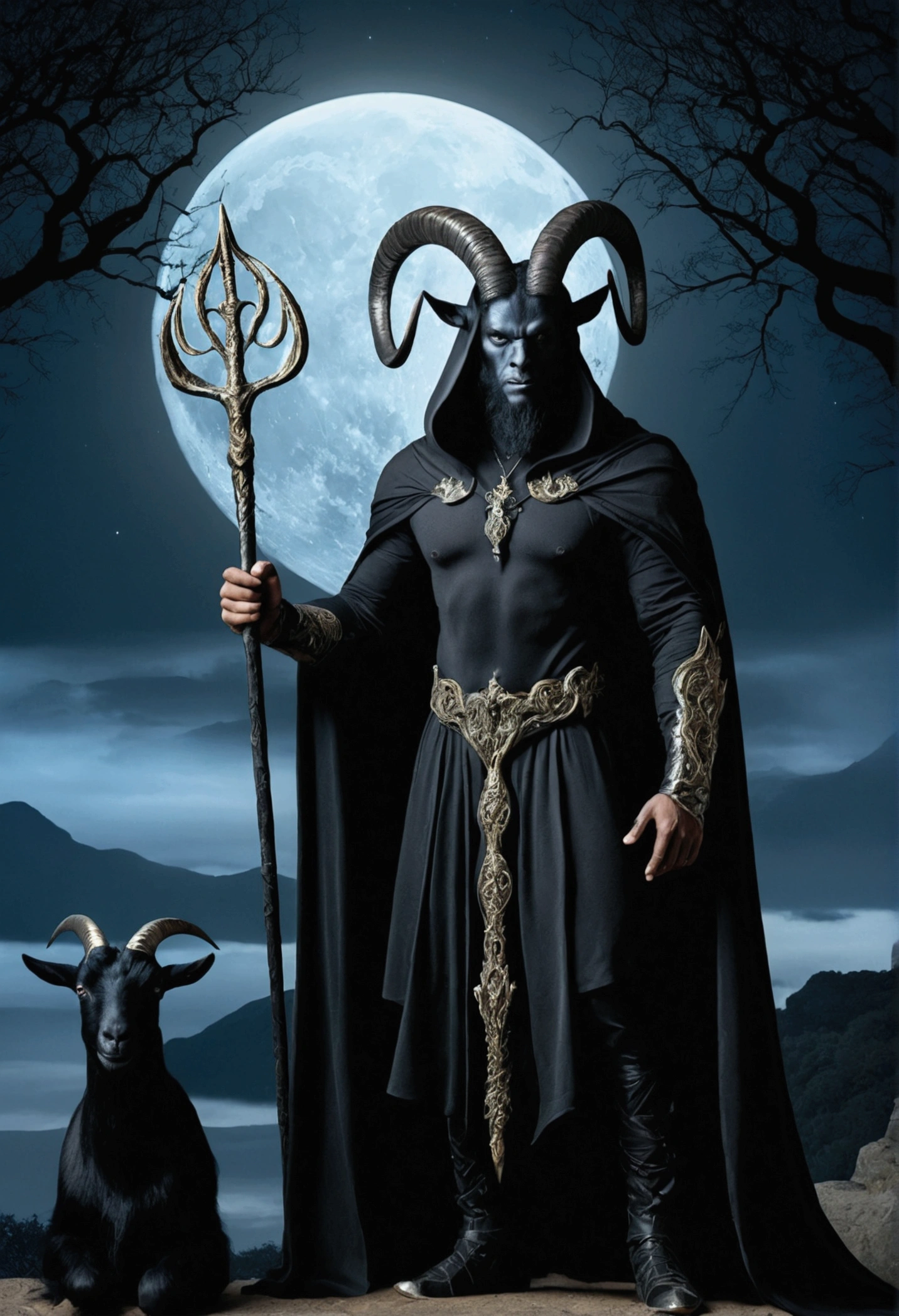 create an image of a strong and imposing man, wear a dark cloak and protect a trident. He must be accompanied by a black goat, both set in a nighttime landscape with a bright full moon in the background. Add mystical details like dark trees and lit candles, creating an enigmatic and otherworldly atmosphere. The figure must convey power and mystery, with an intense expression and a confident posture.
