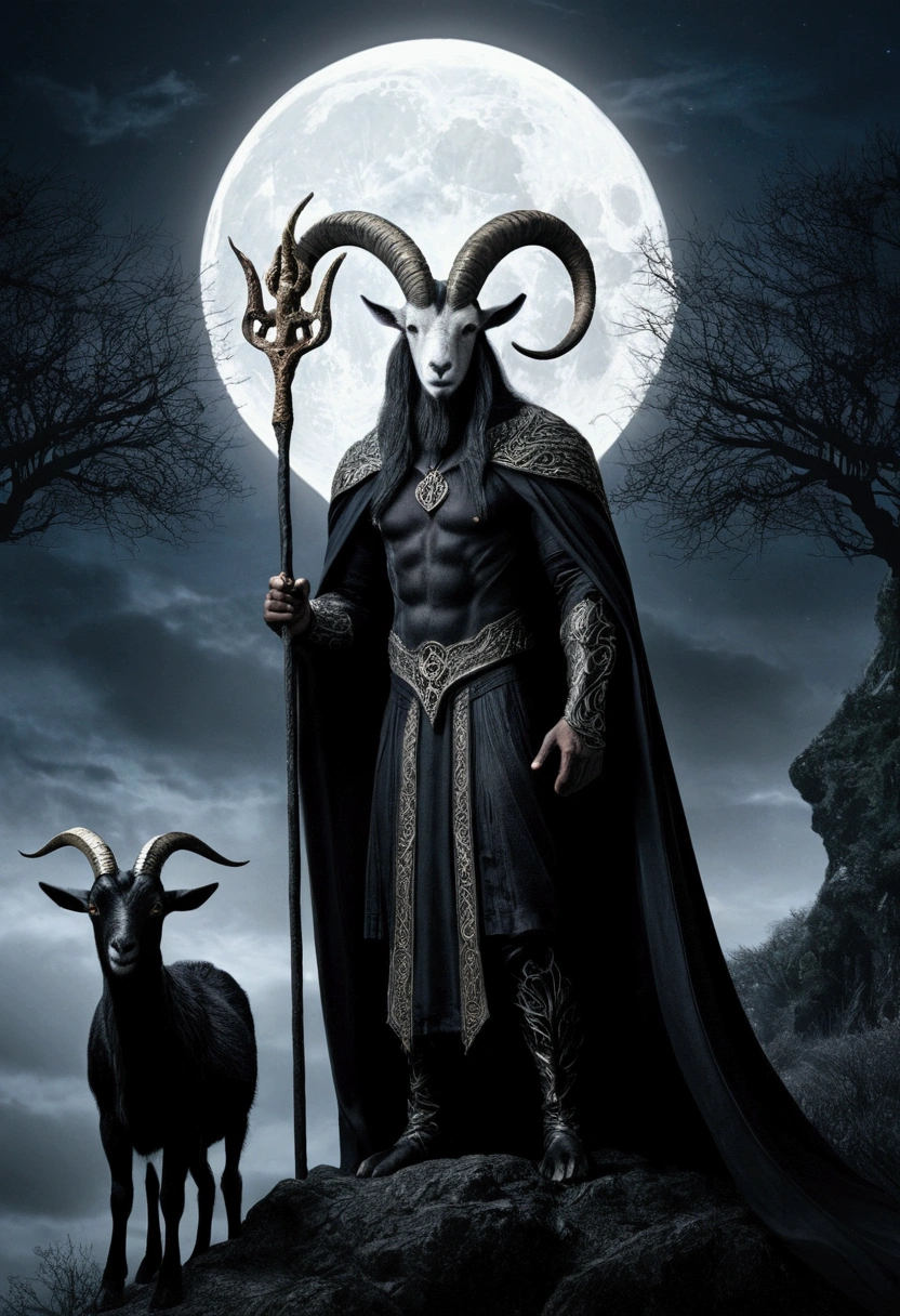 create an image of a strong and imposing man, wear a dark cloak and protect a trident. He must be accompanied by a black goat, both set in a nighttime landscape with a bright full moon in the background. Add mystical details like dark trees and lit candles, creating an enigmatic and otherworldly atmosphere. The figure must convey power and mystery, with an intense expression and a confident posture.