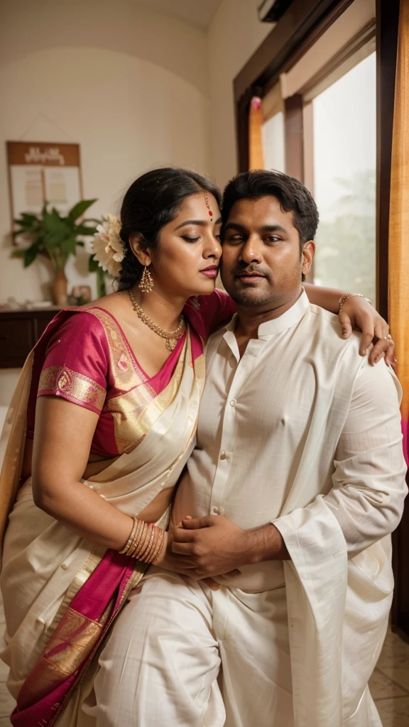 a  50-year-old shirtless man  affectionately hugging and kissing aradiant, full-figured South Indian plus-sized 30 year old teacher wearing a off white silky saree in  dressing room, captured in a full-body image with vibrant hues and meticulous details. Full body image