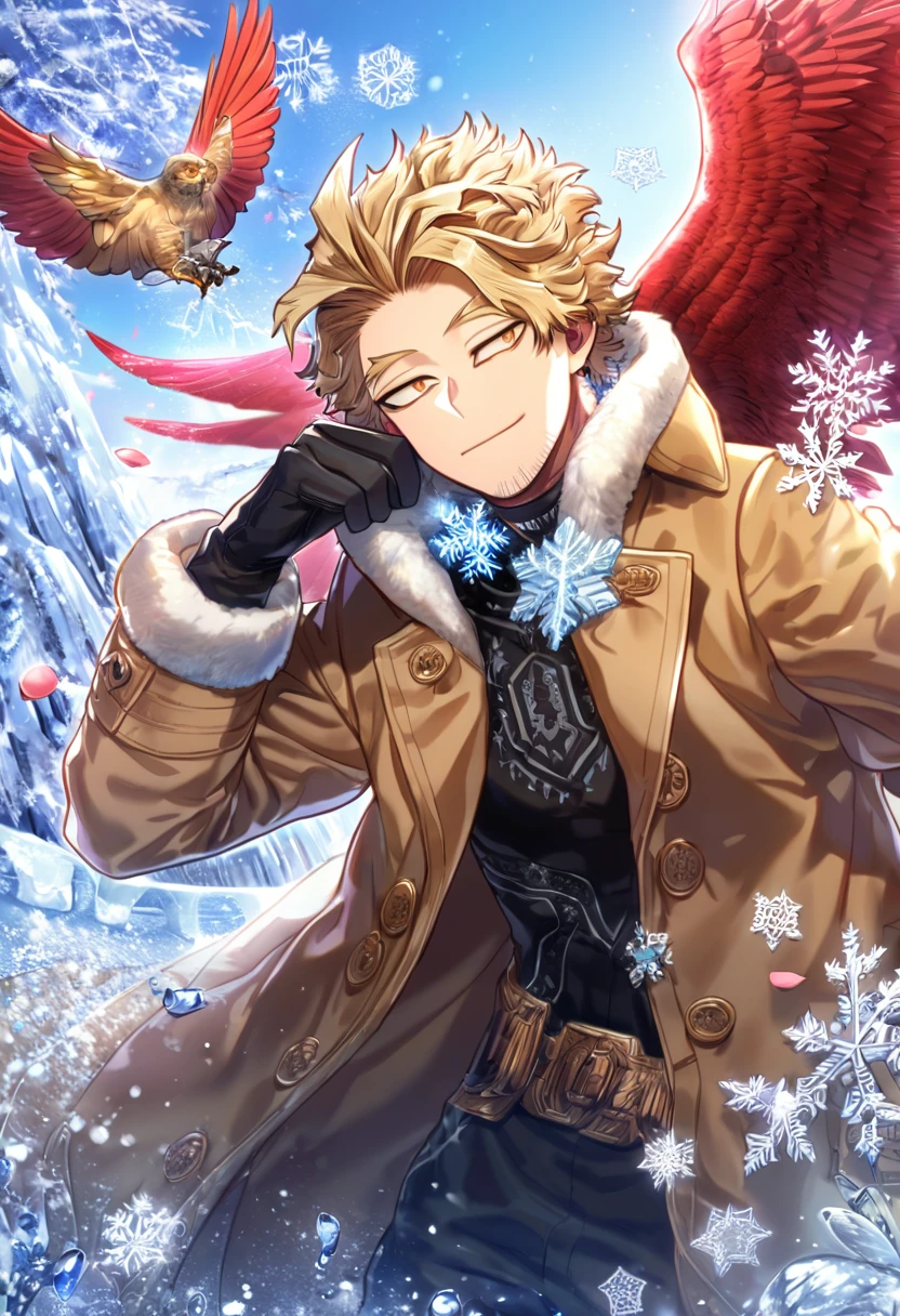 Ultra detailed, HDR, Highres, absurdres, master piece, Hawks, ash blonde hair, expressive brown-golden eyes, faint stubble, red wings, Boku No Hero Academia, brown coat with fur, black tight shirt, handsome, winter, ice glittering butterflies, ice, petals, glass flowers, glittering, water, fantasy, magical, snowflakes, cold, handsome smile, solo, black gloves