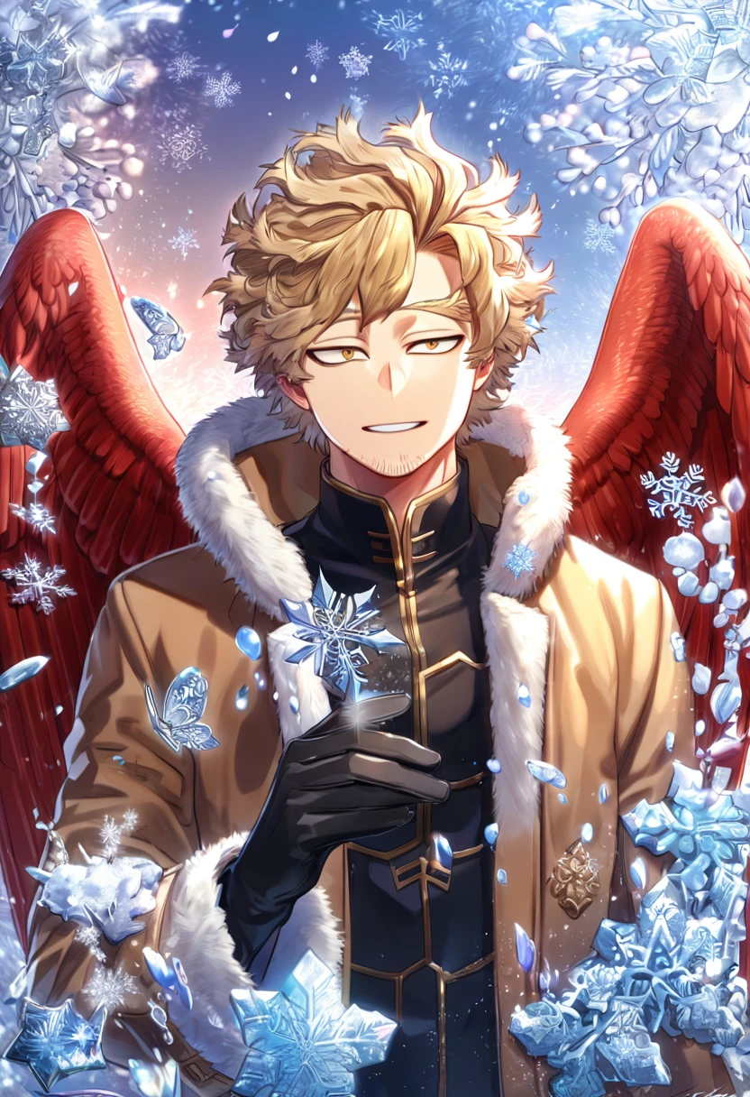 Ultra detailed, HDR, Highres, absurdres, master piece, Hawks, ash blonde hair, expressive brown-golden eyes, faint stubble, red wings, Boku No Hero Academia, brown coat with fur, black tight shirt, handsome, winter, ice glittering butterflies, ice, petals, glass flowers, glittering, water, fantasy, magical, snowflakes, cold, handsome smile, solo, black gloves
