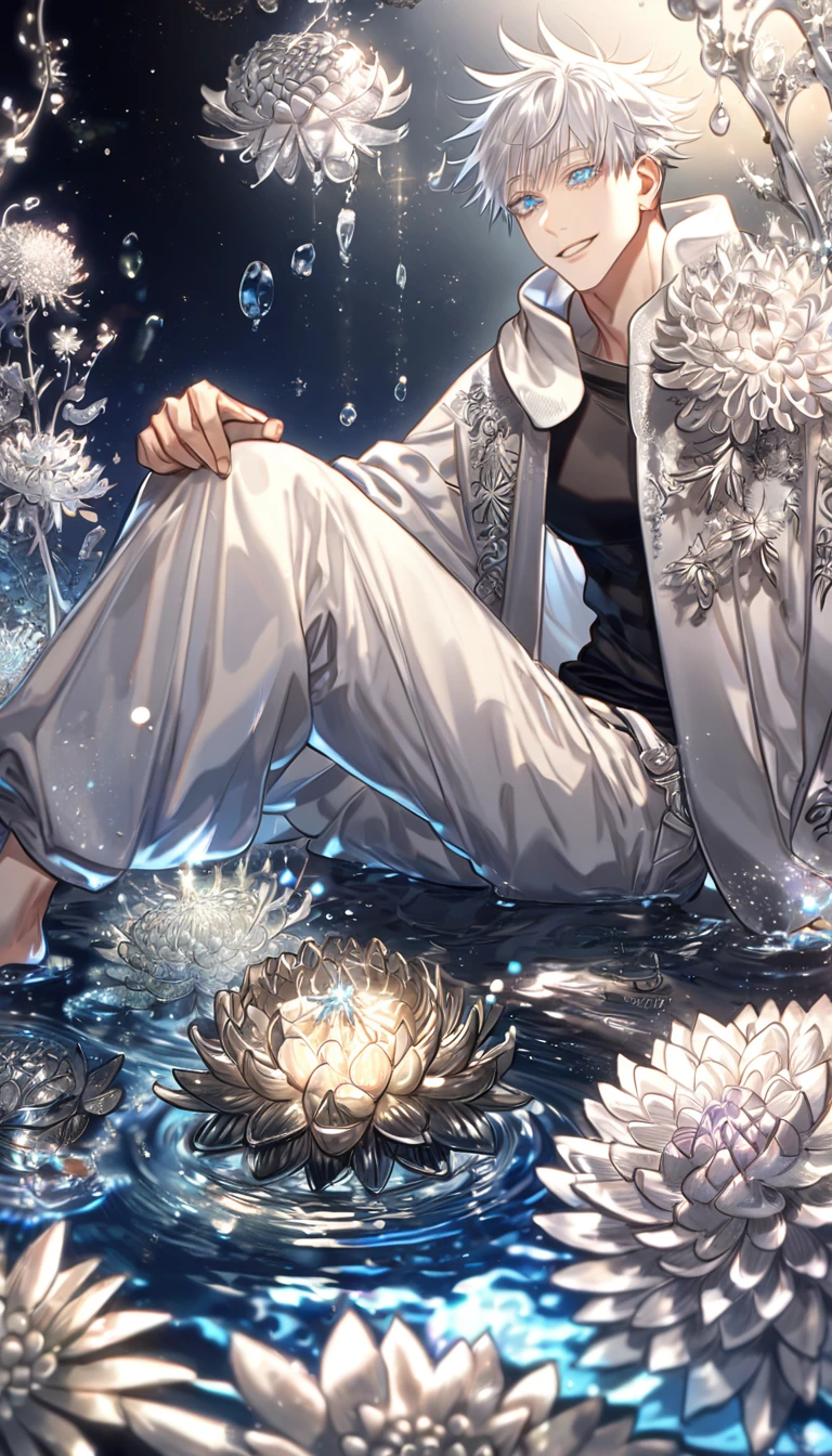 absurdres, highres, ultra detailed, HDR, master piece, best quality, extremely detailed, Gojou Satoru, white hair, expressive blue eyes, white eyelashes, Jujutsu Kaisen, solo, sexy man sitting, handsome, smile, white haori, black scarf, black tight T-shirt, white baggy pants, fantasy, water, sparkling, silver glittering fireflies, silver moon, silver blossoms, silver chrysanthemums, silver sparkling lights, starry sky, magical