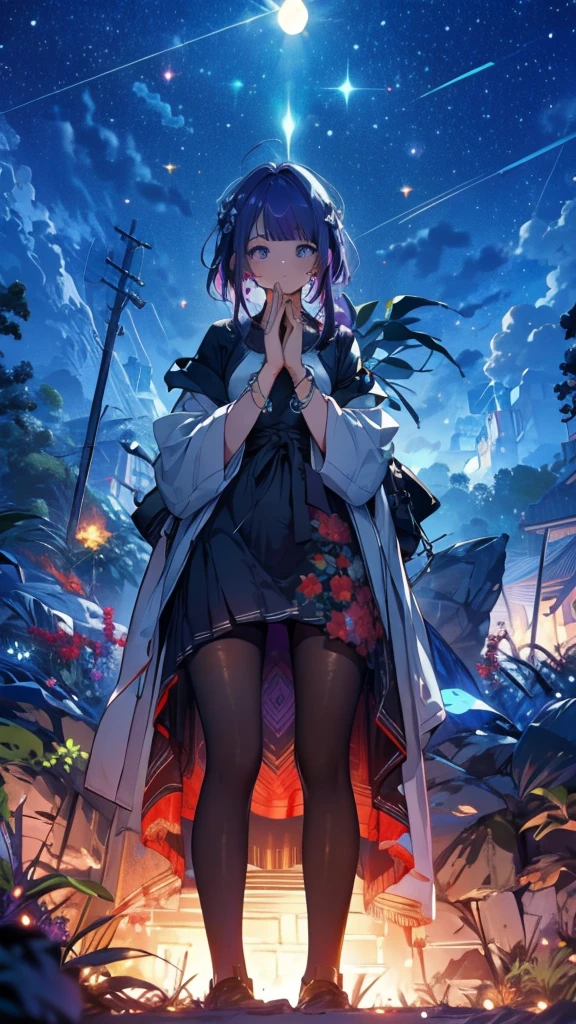 MC, ahoge, (long hari, purple hair:1.3), hair ornament, dark-blue eyes, anatomically correct, heavy breathing, mature female, 1girl, solo, breasts, looking at viewer, large breasts, long sleeves, sitting, thighs, outdoors, japanese clothes, sky, barefoot, day, cloud, wide sleeves, kimono, water, flower, spotlight, (bokeh:1.3) tree, legs, sash, bare legs, obi, crossed legs, nature, black kimono, short kimono, reflective, (fog:1.3), fireflies, hollow eyes, bright pupils, dark-blue eyes, looking at viewer. glowing eyes heavy breathing, seductive smile, (steaming face:1.3), blush face, lips,