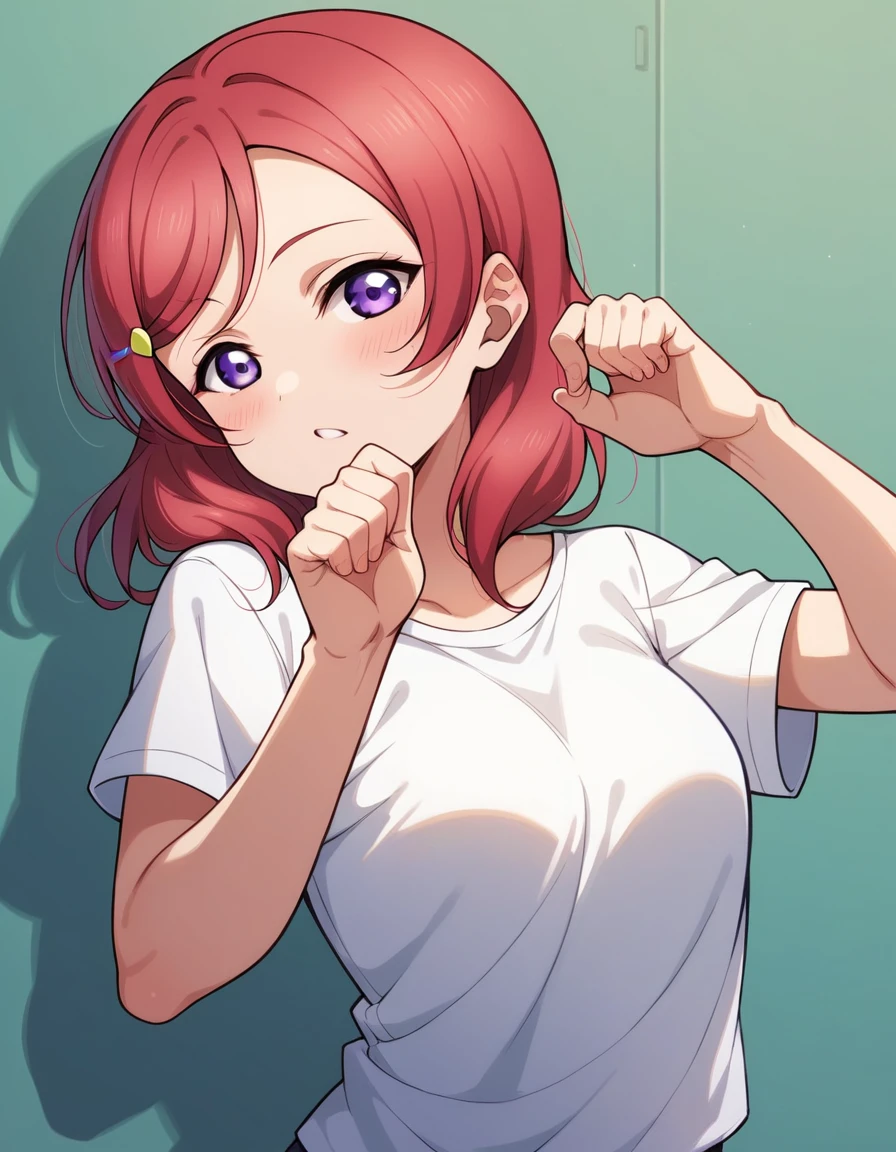 masterpiece, best quality, highres, nishikino maki,purple eyes,red hair, cowboy shot, love live, shirt, shirt tug pose